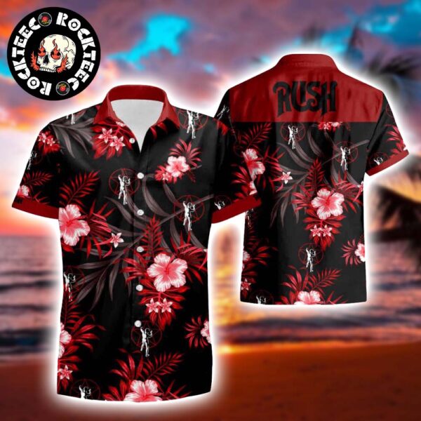 Rush Logo With Red Hibiscus Pattern Summer 2025 Hawaiian Shirt